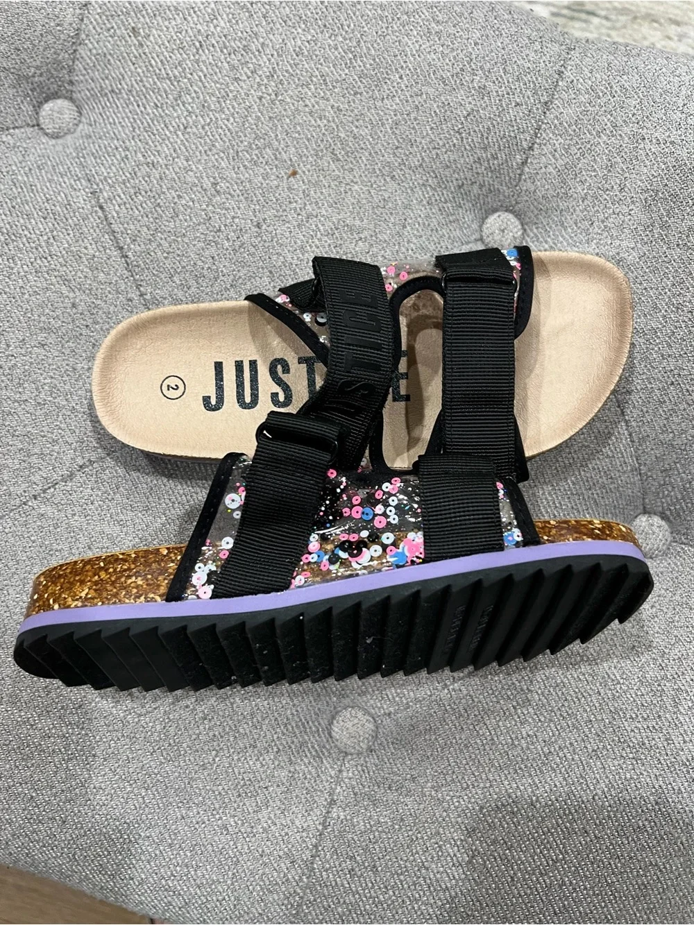 Justice Girls Black Sequin Logo Slide Sandals Non-Slip Synthetic Slip On Size 2
